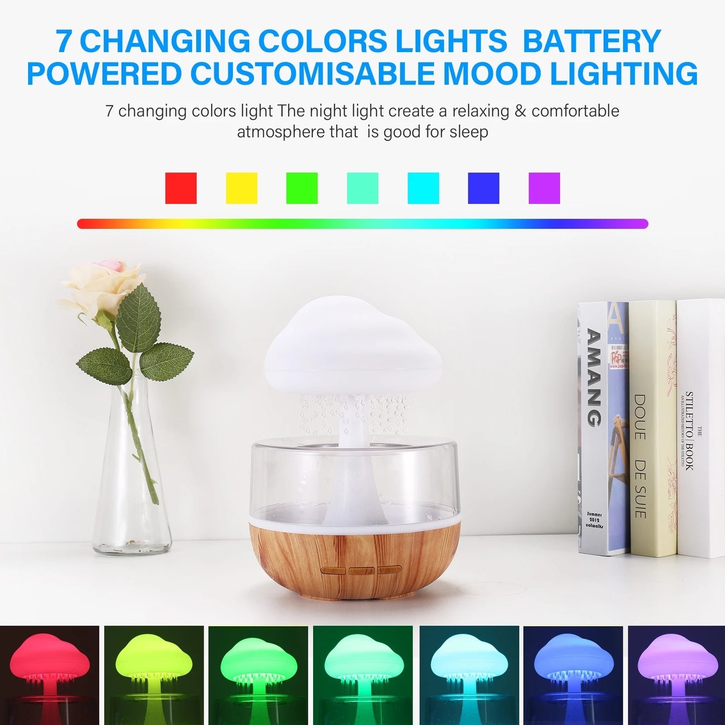 Customizable mood lighting device with wooden base and colorful light display on a white surface.