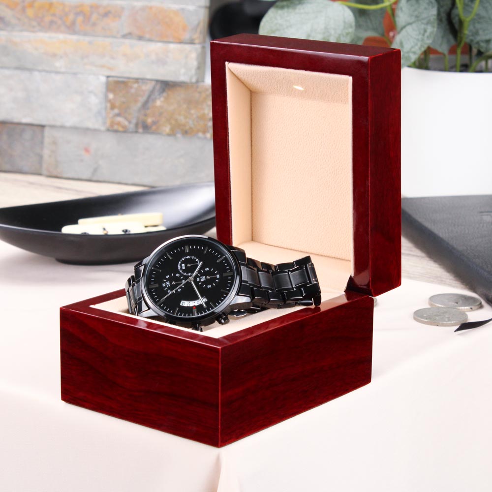 Black Chronograph Watch with Custom Text