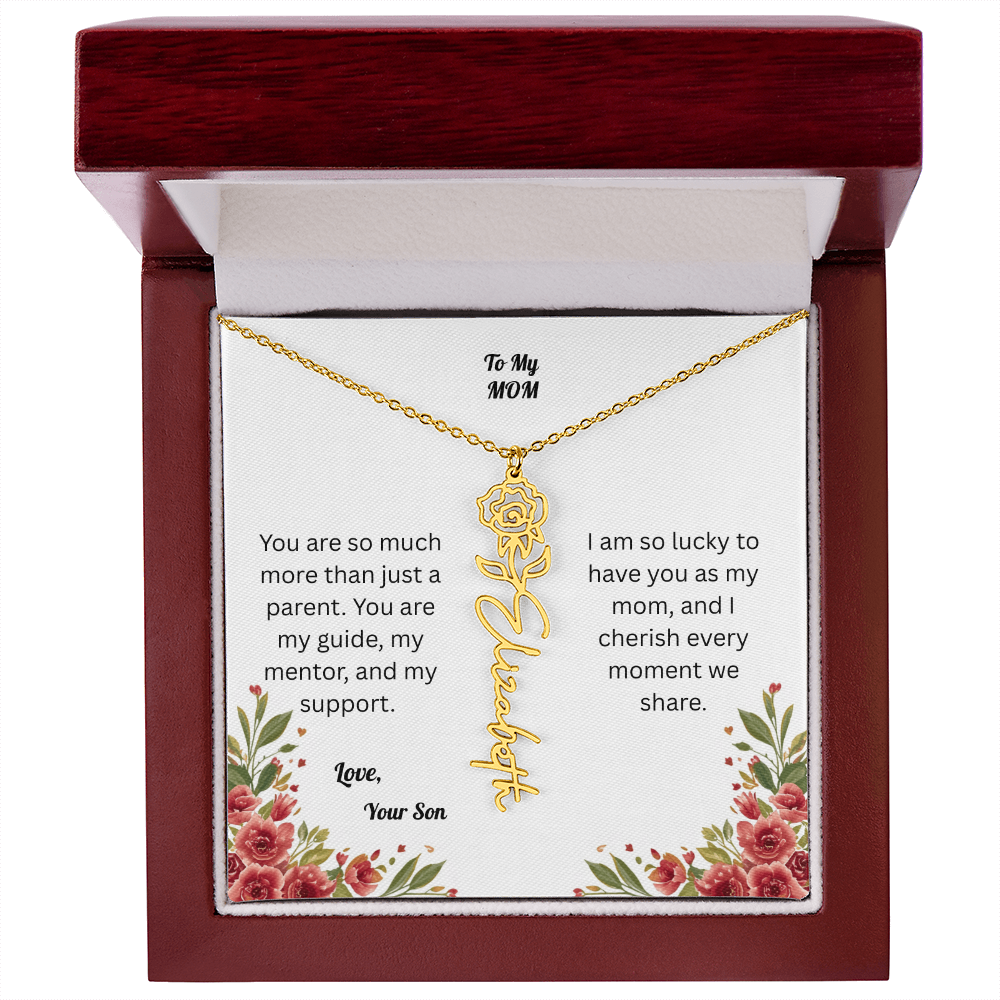 The Mother's Day Garden: Custom Birth Flower and Name Necklace from Son