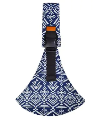 Blue and white patterned bag with a black strap on a white background