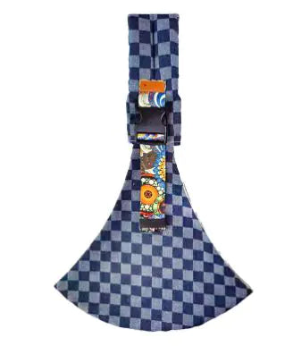 Blue checkered dog collar with colorful tags on a white background