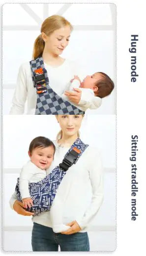 Woman using a baby carrier in different modes with a baby on a white background