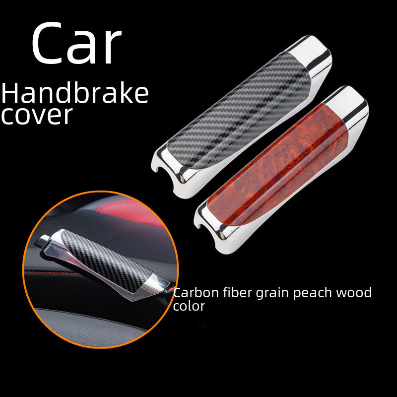 Car handbrake cover with carbon fiber grain and peach wood finish on a black background