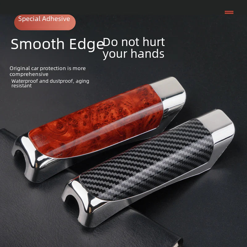 Car handle covers with red wood and carbon fiber texture on a dark background