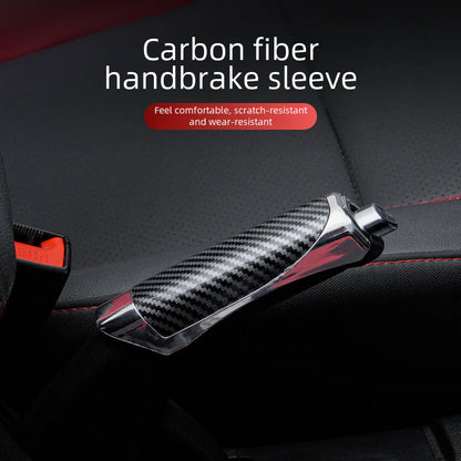 Carbon fiber handbrake sleeve on a car interior background with text highlighting features.