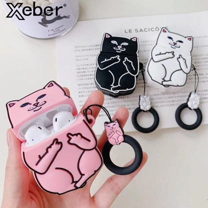 Pink cat-themed airpod case held by a hand with additional cases and a white background.