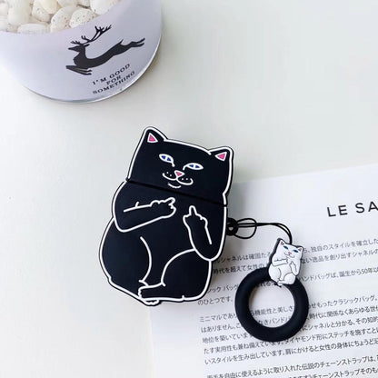 Black cat-shaped air pod case with a keychain on a white surface