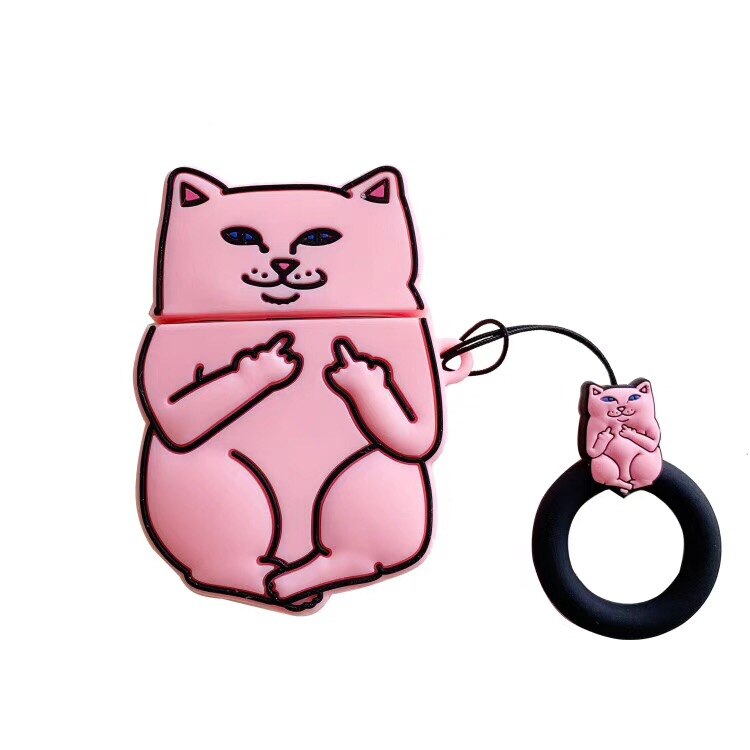 Pink cartoon cat-shaped AirPods case with a smaller cat figure on a white background