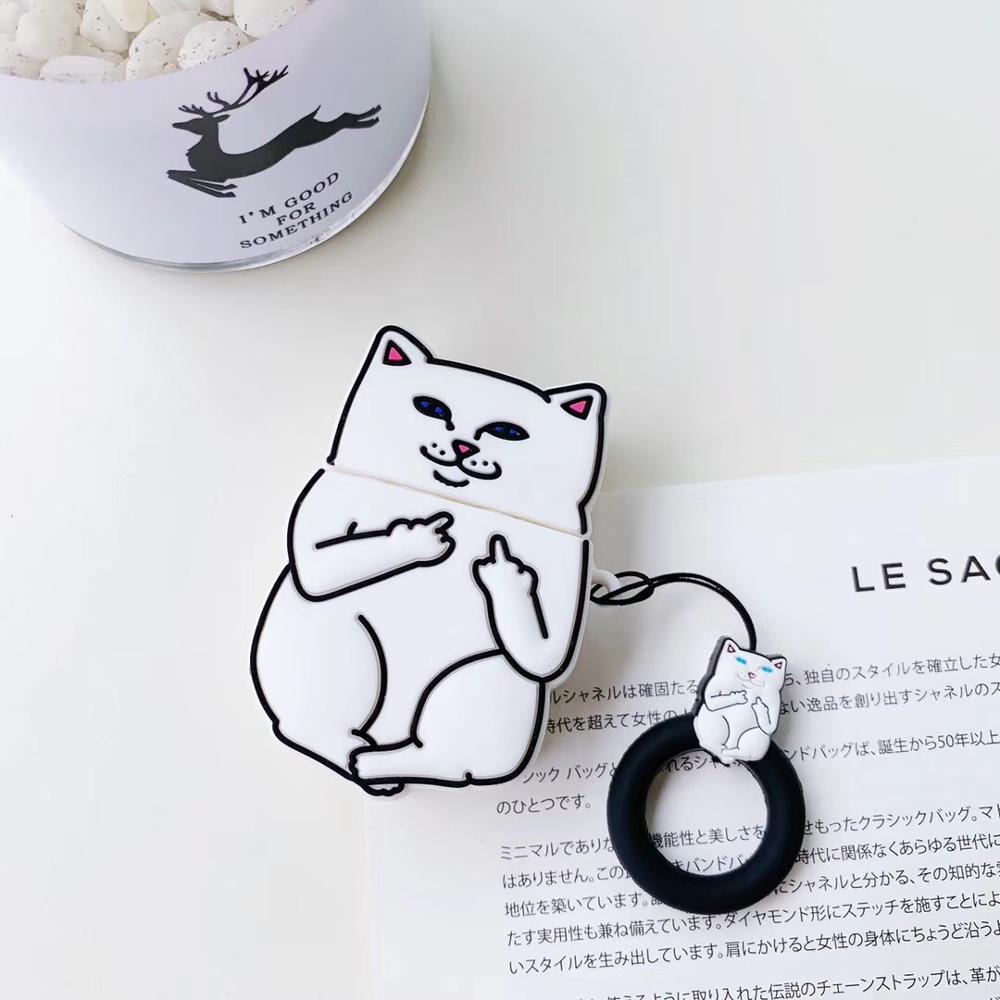 Cat-shaped AirPods case with a black strap on a white surface