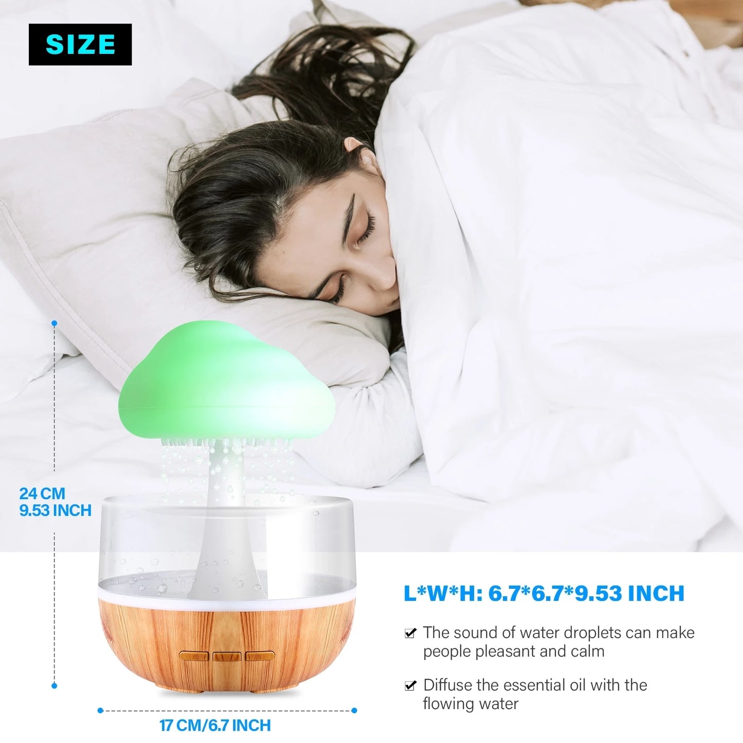 Woman sleeping with a humidifier next to her, showing product dimensions and features.