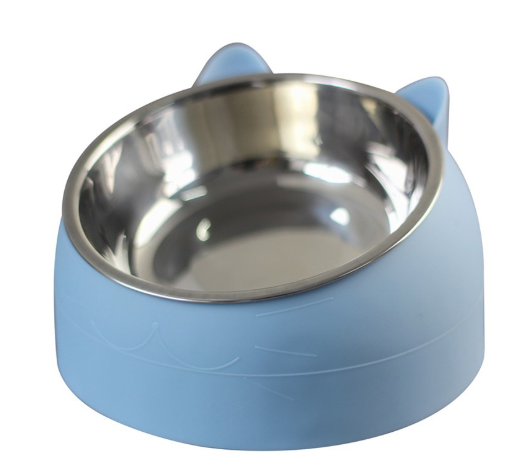 Blue pet bowl with a metallic interior on a white background