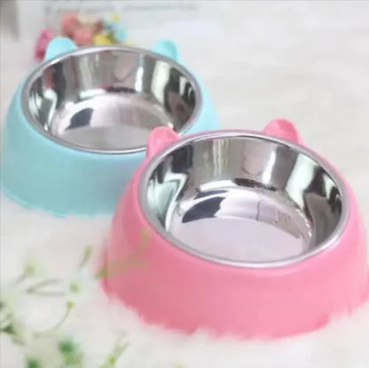 Two colorful pet bowls, one pink and one blue, on a white background.