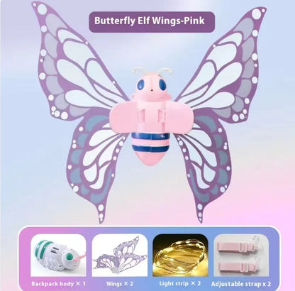 Butterfly-shaped toy with pink body and purple wings on a light purple background