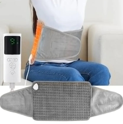 Person using a waist heating pad belt with a control device on a white background
