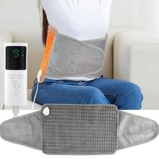 Person using a waist heating pad belt with a control device on a white background