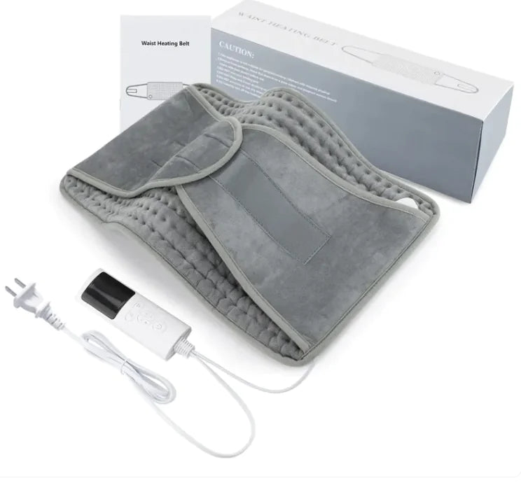 Gray heating pad with power cord and packaging on a white background