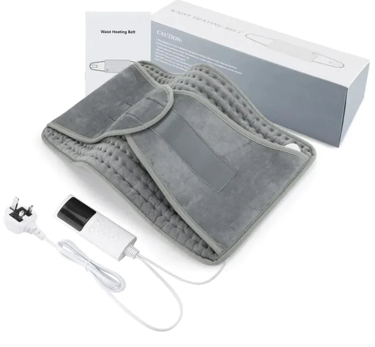 Gray heating pad with power cord and packaging on a white background