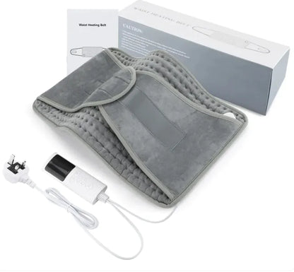 Gray heating pad with power cord and packaging on a white background