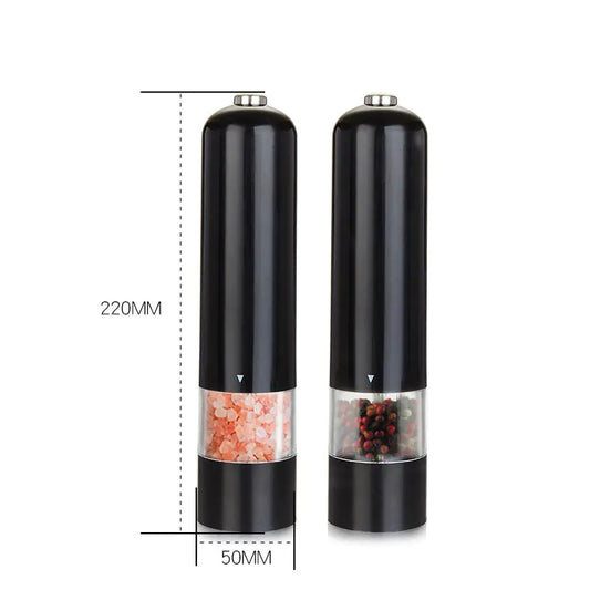 Black salt and pepper grinders with measurement details on a white background