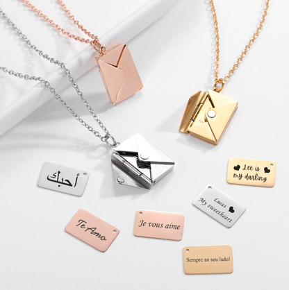 Necklace with lock pendants and various message tags on a white background