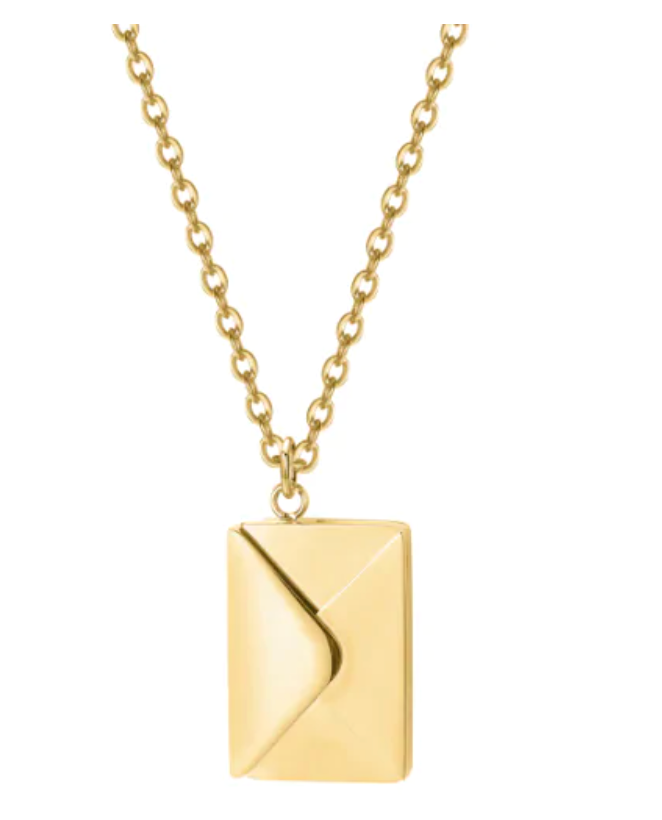 Gold necklace with a rectangular pendant on a white background
