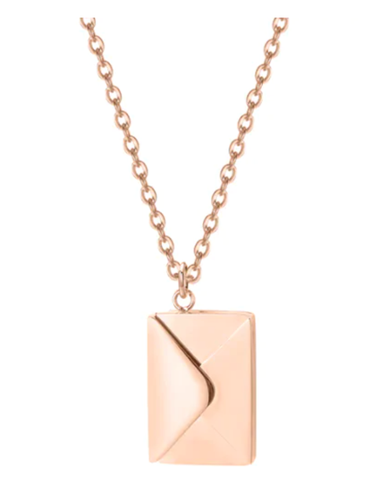 Rose gold necklace with a square pendant on a white background