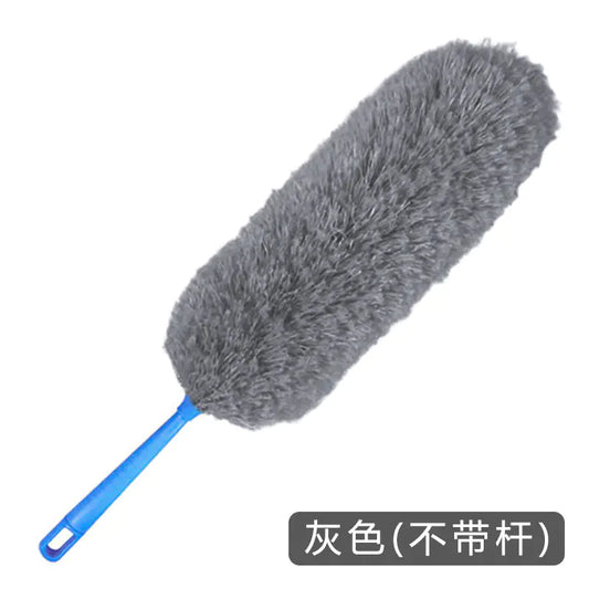Gray feather duster with blue handle on a white background