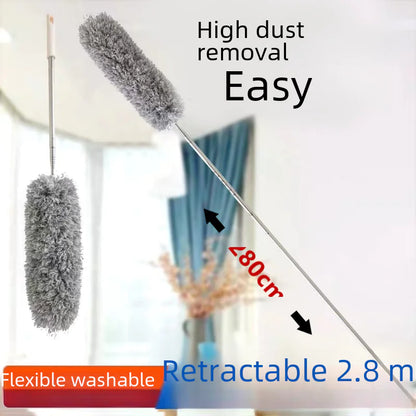Duster with extendable handle and cleaning capabilities in a room setting.