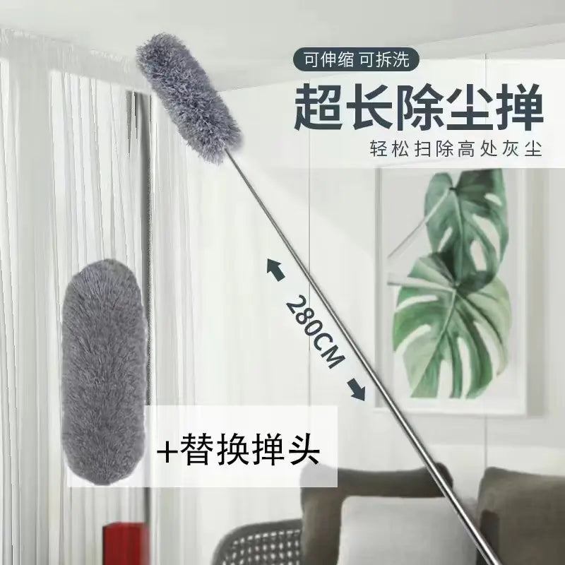 Long-handled cleaning brush with extendable feature in a room setting