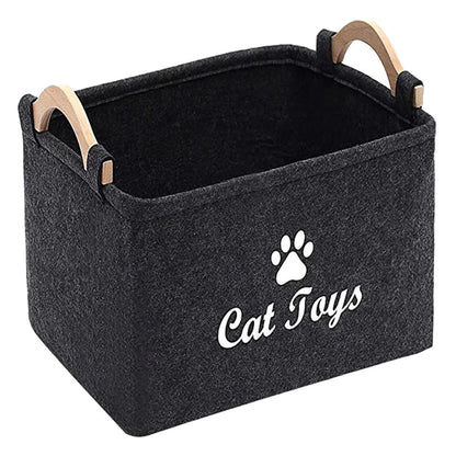 Black storage bin with 'Cat Toys' text and paw print logo on a white background