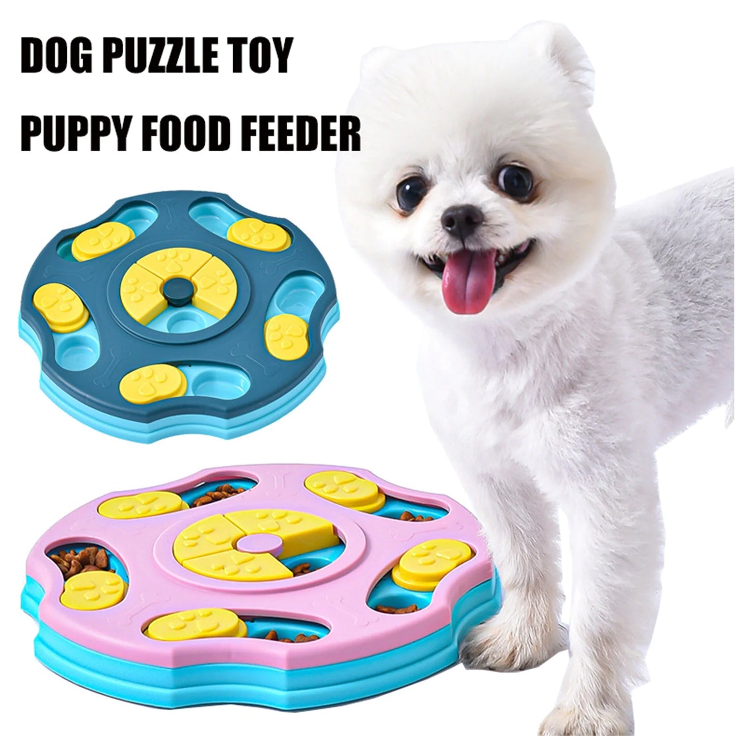 Dog puzzle toy with colorful design and a small white dog next to it.