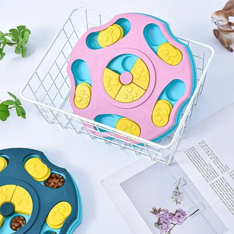 Colorful puzzle toy on a white surface with a plant and paper in the background