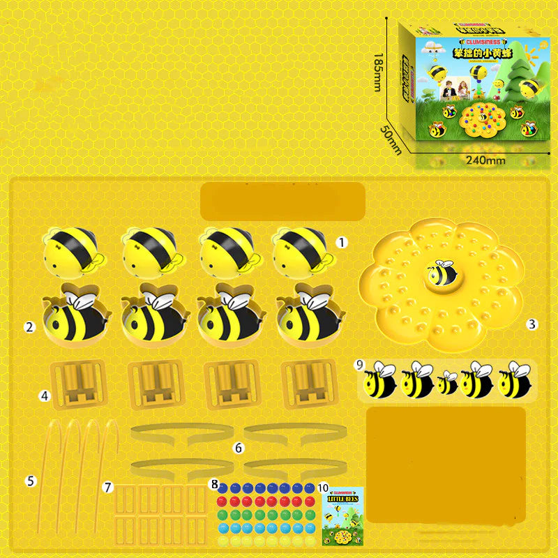 Bees and flower toy set on a yellow mat with packaging in the corner.
