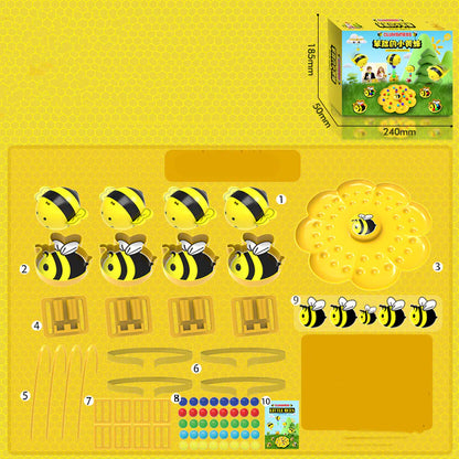 Bees and flower toy set on a yellow mat with packaging in the corner.
