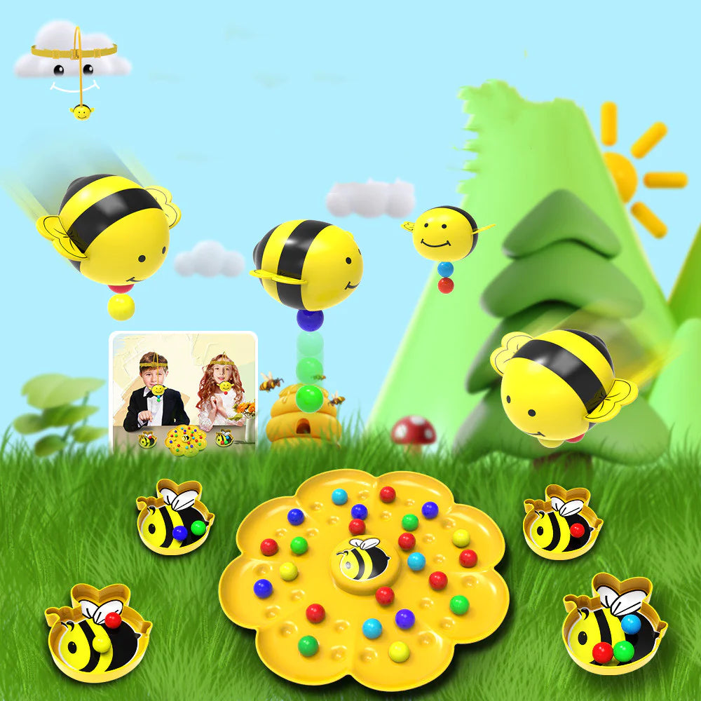 Toy set with bee characters on a grassy field with trees and sun.