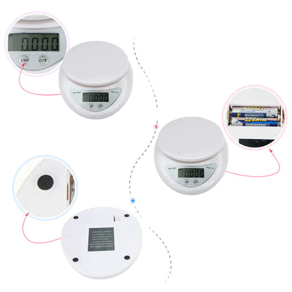 Digital kitchen scale with close-up details on a white background