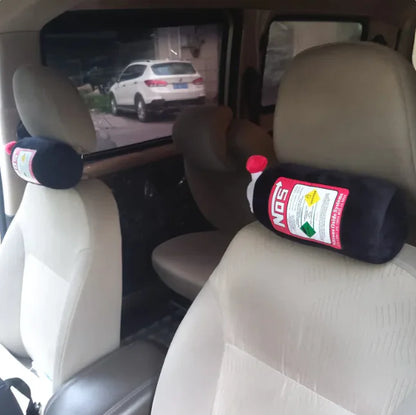 Car interior with NOS bottle-shaped headrest covers.