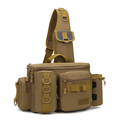 Tan tactical sling bag with multiple pockets and straps on a white background