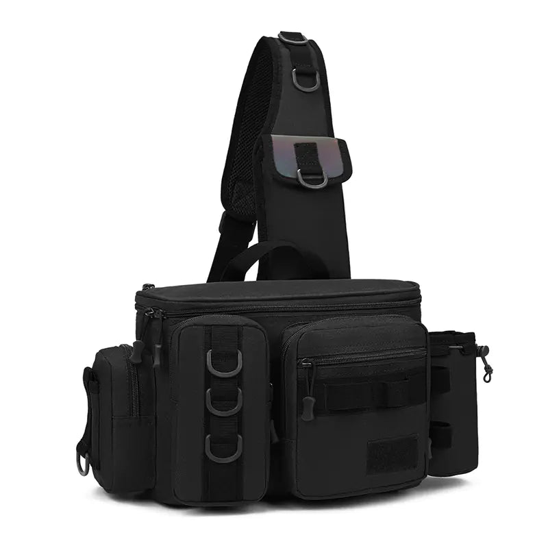 Black tactical shoulder bag with multiple pockets on a white background