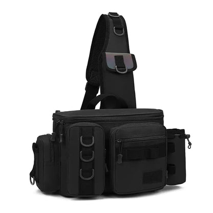 Black tactical shoulder bag with multiple pockets on a white background
