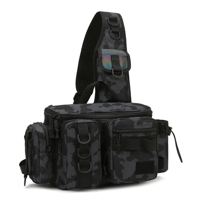 Black camouflage sling bag on a white background