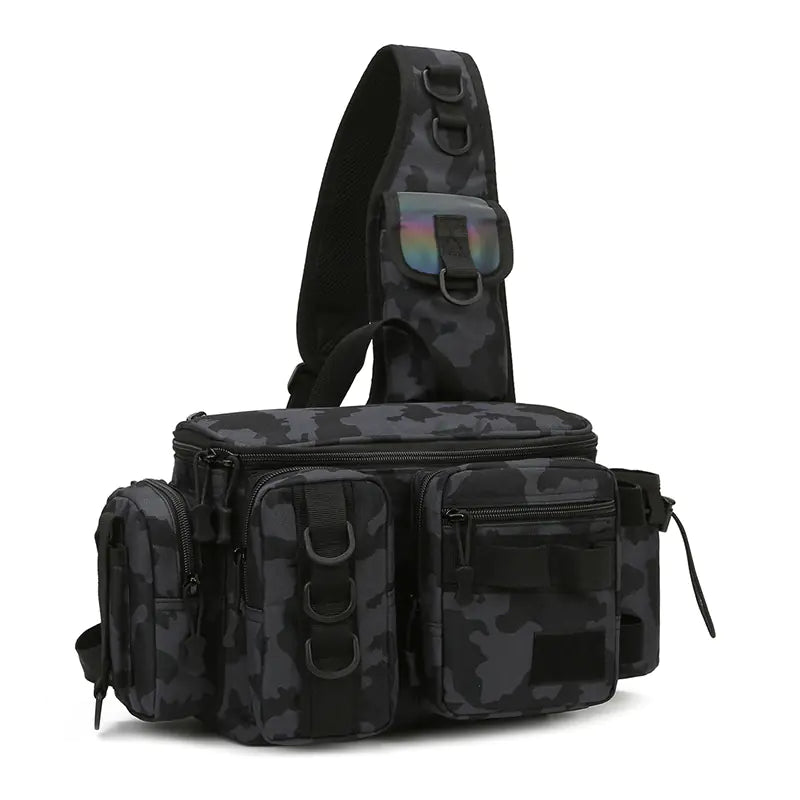 Black camouflage sling bag on a white background