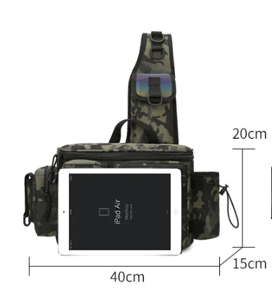 Camouflage crossbody bag with dimensions labeled on a white background