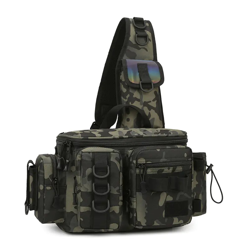 Camouflage sling bag with multiple pockets on a white background