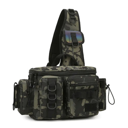 Camouflage sling bag with multiple pockets on a white background