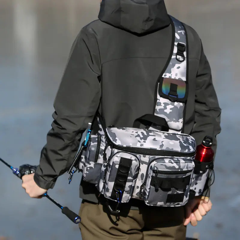 Person wearing a camouflage fishing backpack with a blurred background