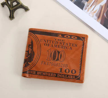 Brown wallet designed like a $100 bill on a light background