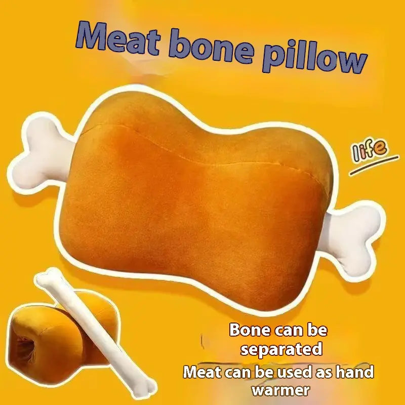 Illustration of a meat bone pillow with a bone and meat pieces on an orange background.