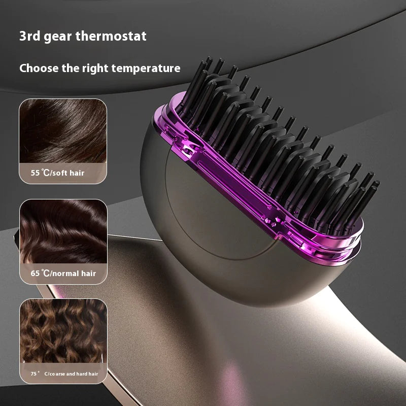 Hairbrush with purple handle and black bristles on a dark background, showing temperature settings for hair types.