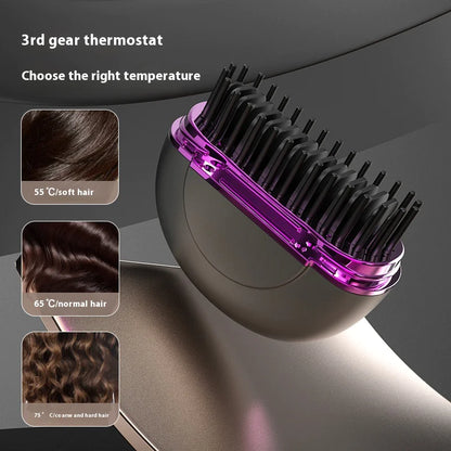 Hairbrush with purple handle and black bristles on a dark background, showing temperature settings for hair types.